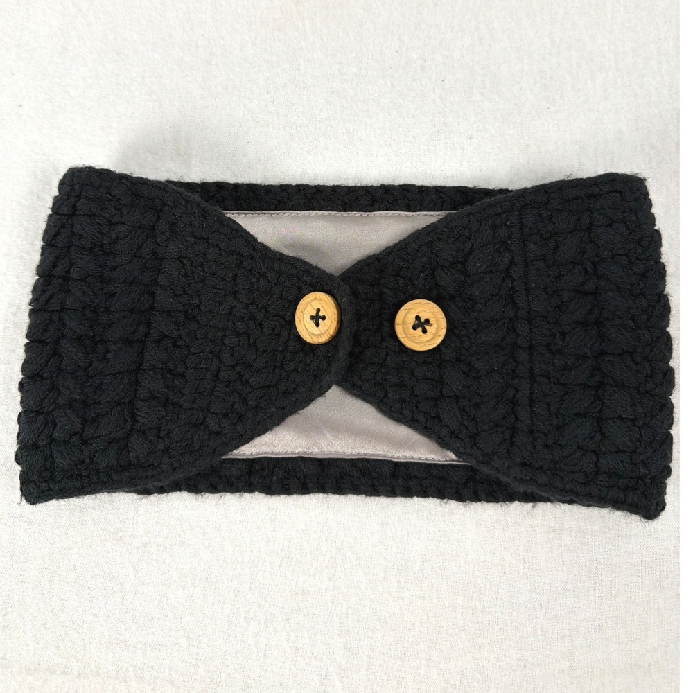 Grace Eleyae Black Satin Lined Chunky Knit Headband Ear Warmer Wood Button